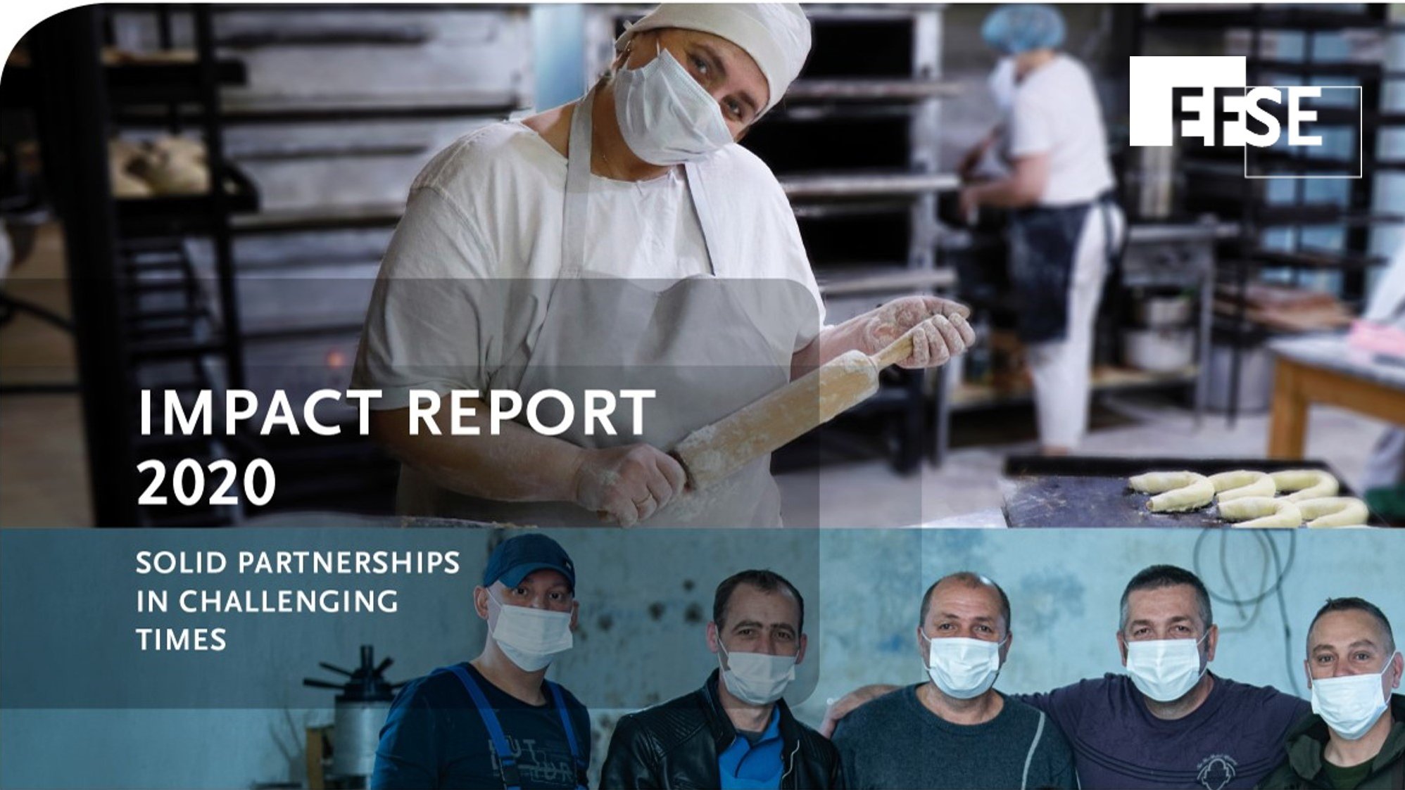 Cover of EFSE Impact Report shows baker and shoemaker at work along with the title of the report: Solid Partnerships in Challenging Times